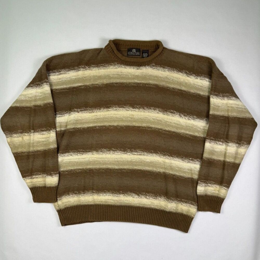Vintage Structure Gradient Knit Sweater Brown Beige Rolled Collar Large
